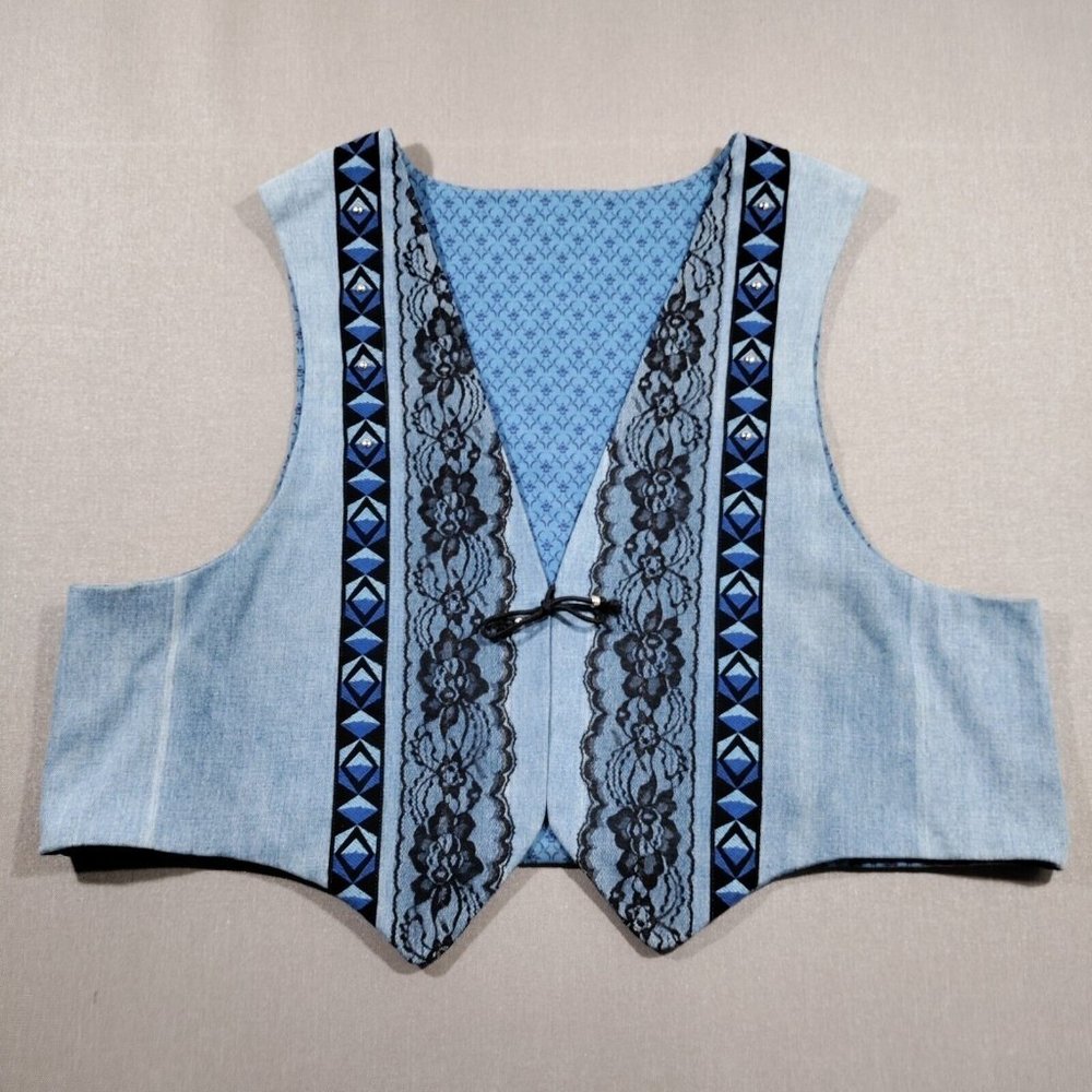 Vtg Handmade Denim Patchwork Vest Large XL Black Lace Geometric Ribbon Lined